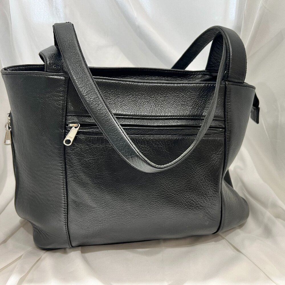 Black Leather Zippered Tote Bag - concealed carry option